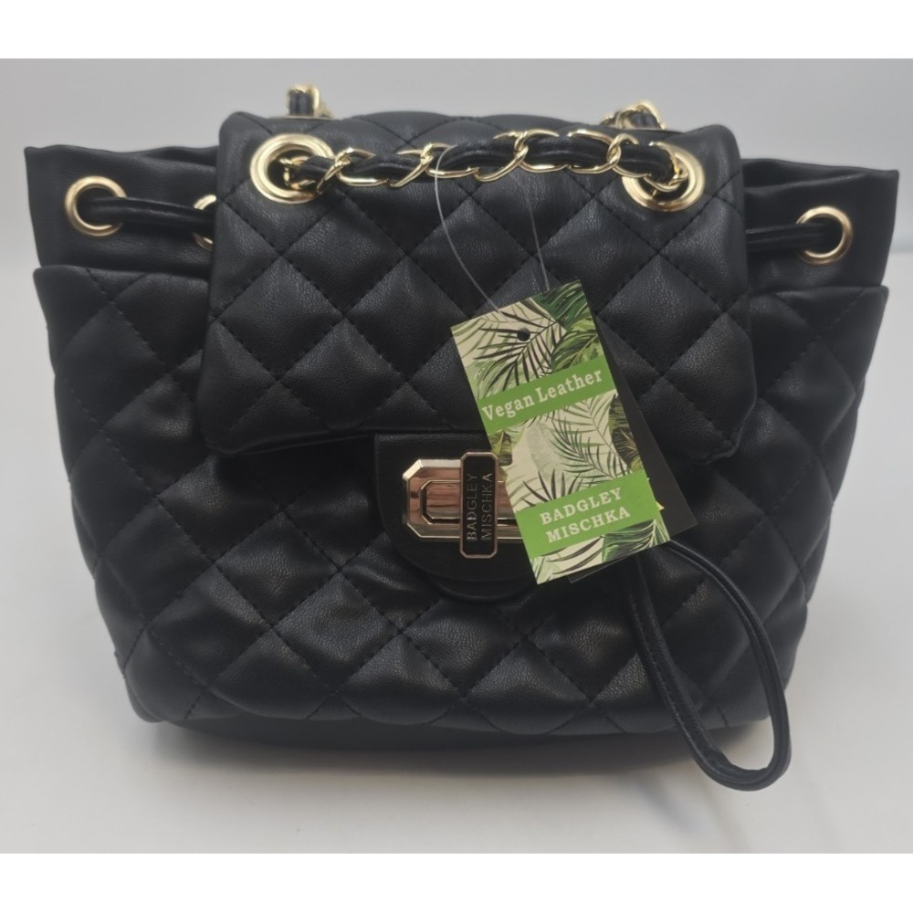 New Badgley Mischka Black Micro Mini Quilted Turn-Lock Backpack Womens Purse